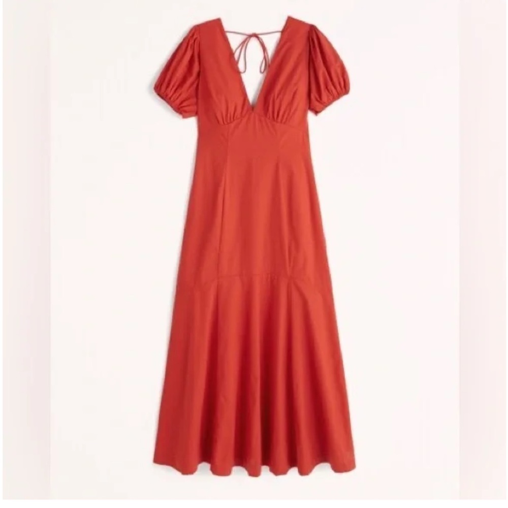 NWT Abercrombie and Fitch Red Poplin Puff Sleeve Deep V Midi Dress XS Tall